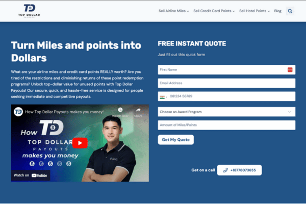 Top Dollar Payouts offering to convert airline miles and credit card points into cash with a form for an instant quote.